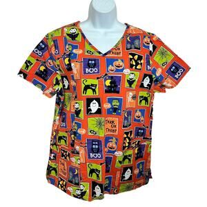 SCRUBSTAR Halloween Scrub Top Sz Large Dracula Spiders Frankenstein Shirt